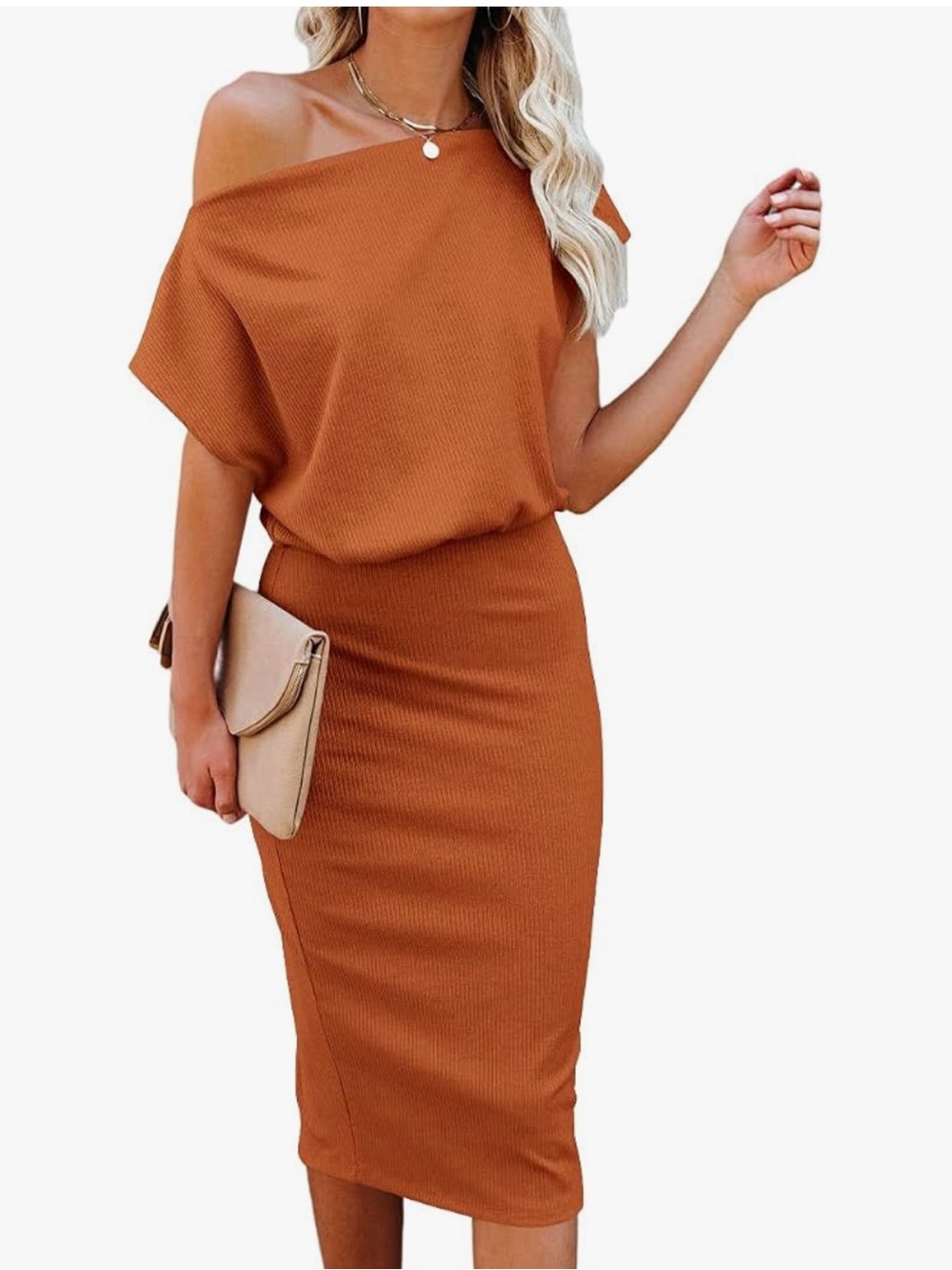 Women's Off-Shoulder Ribbed Midi Dress in Rust